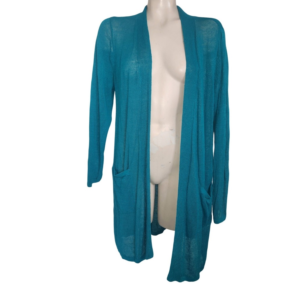 J. Jill Teal Blue Linen Blend Open Front Longline Cardigan Sweater LP officecore